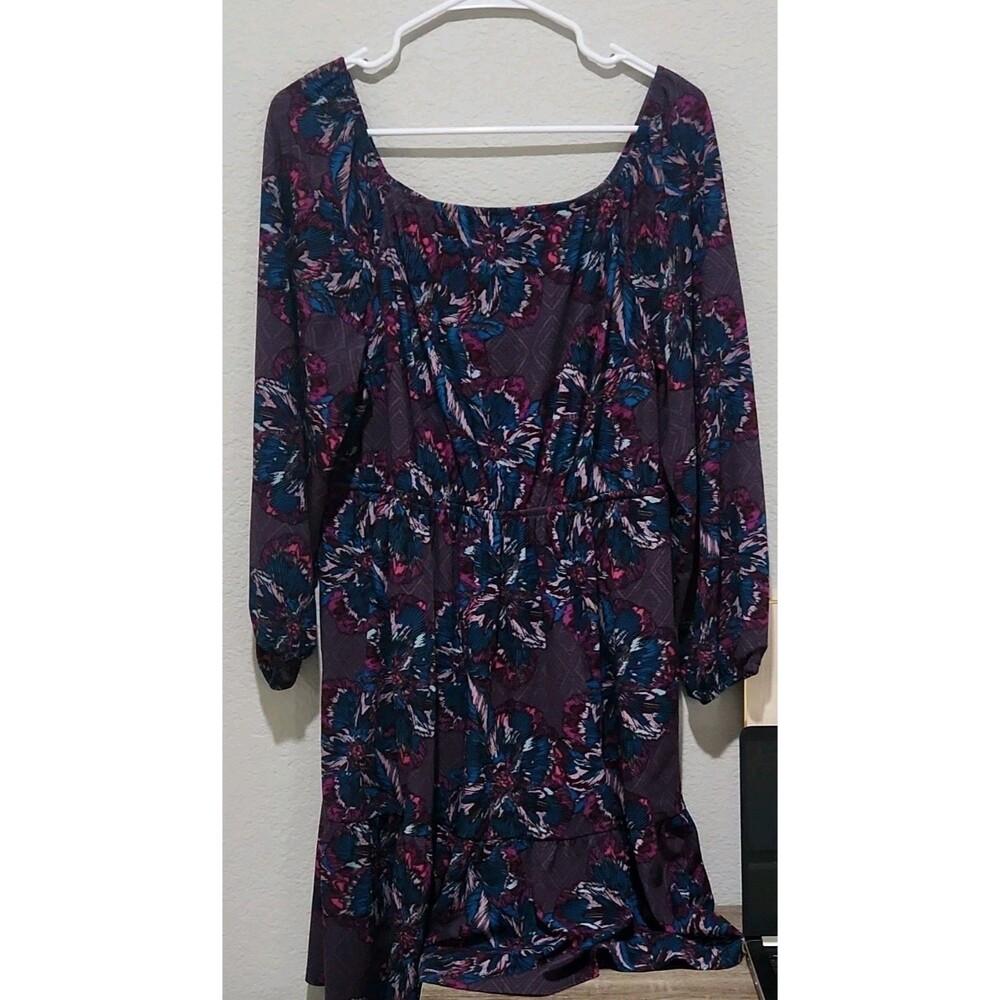 Lane Bryant Fit & Flare Dress 18/20 Floral Purple Blue Pink Knee Long Sleeve
